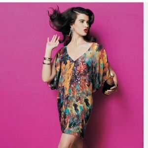 Silk Nicole Miller Shift Mini Dress - Rainbow Watercolor and Gold Women S